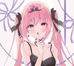 Rule 34 | 1girl, bad id, bad twitter id, bare arms, bare shoulders, black nails, bow, breasts, choker, cleavage, closed mouth, earrings, finger to mouth, hair bow, highres, index finger raised, jewelry, lebring, long hair, looking at viewer, medium breasts, nail polish, original, pink eyes, pink hair, purple ribbon, ribbon, shushing, sidelocks, sleeveless, smile, solo, spaghetti strap, tiara, twintails, upper body, white background