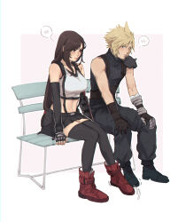 Rule 34 | 1boy, 1girl, arm guards, armor, bare shoulders, bench, black footwear, black gloves, black hair, black skirt, black sports bra, black thighhighs, blonde hair, blue eyes, blush, boots, breasts, brown gloves, closed mouth, cloud strife, commentary, couple, crop top, elbow gloves, embarrassed, english commentary, final fantasy, final fantasy vii, final fantasy vii remake, fingerless gloves, full body, gloves, highres, large breasts, long hair, low-tied long hair, midriff, navel, on bench, pudelmudel, red eyes, red footwear, ribbed sweater, shoulder armor, single bare shoulder, single sidelock, sitting, skirt, sleeveless, sleeveless turtleneck, speech bubble, spiked hair, sports bra, suspender skirt, suspenders, sweater, swept bangs, tank top, thighhighs, tifa lockhart, turtleneck, turtleneck sweater, undershirt, white tank top, zettai ryouiki