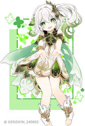 1girl absurdres bare_shoulders bloomers bracelet detached_sleeves dress full_body genshin_240603 genshin_impact gold_trim gradient_hair green_eyes green_hair green_sleeves hair_between_eyes hair_ornament highres jewelry leaf_hair_ornament long_hair looking_at_viewer multicolored_hair nahida_(genshin_impact) open_mouth outstretched_arms pointy_ears side_ponytail sleeveless sleeveless_dress solo stirrup_legwear symbol-shaped_pupils teeth toeless_legwear toes twitter_username underwear upper_teeth_only white_bloomers white_dress white_hair