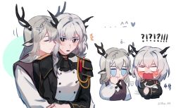Rule 34 | 2girls, alina (arknights), animal ears, arknights, ascot, blush, chibi, cmayo ark, commentary, deer ears, deer girl, deer horns, dragon girl, dragon horns, epaulettes, highres, horns, hug, korean text, long hair, long sleeves, multiple girls, open mouth, silver hair, symbol-only commentary, talulah (arknights), talulah the fighter (arknights), translation request, yuri
