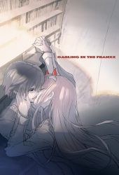 Rule 34 | 10s, 1boy, 1girl, blue eyes, closed eyes, commentary request, copyright name, couple, darling in the franxx, floating hair, french kiss, hair ornament, hairband, hand on another&#039;s face, hand up, hetero, hiro (darling in the franxx), holding hands, horns, interlocked fingers, kiss, limited palette, long hair, long sleeves, looking at another, maeshima shigeki, military, military uniform, oni horns, pink hair, red horns, tongue, tongue out, uniform, white hairband, zero two (darling in the franxx)