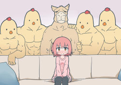 Rule 34 | 1girl, 5boys, bird, blush, chicken, child, couch, furry, furry male, highres, meme, multiple boys, muscular, muscular male, on couch, pillow, pink hair, pink shirt, piper perri surrounded (meme), qswan, shirt, side ponytail, sitting, standing, sweat, thighhighs
