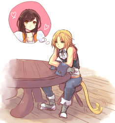 Rule 34 | 1boy, 1girl, blonde hair, blue eyes, boots, brown eyes, brown hair, choker, final fantasy, final fantasy ix, garnet til alexandros xvii, gloves, highres, monkey tail, peso kongari, puffy sleeves, ruffled collar, smile, square enix, table, tail, thought bubble, wooden floor, wooden table, zidane tribal