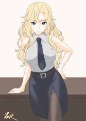 Rule 34 | 1girl, belt, black necktie, black pantyhose, black skirt, blonde hair, breasts, commentary request, cowboy shot, desk, dress shirt, grey eyes, highres, hornet (kancolle), kantai collection, large breasts, long hair, looking at viewer, necktie, pantyhose, pencil skirt, shirt, simple background, skirt, sleeveless, sleeveless shirt, solo, t2r, white background, white shirt