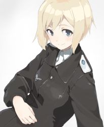 Rule 34 | 1girl, black jacket, blonde hair, blue eyes, bob cut, closed mouth, commentary request, erica hartmann, highres, jacket, looking at viewer, military, military uniform, shiratama (hockey), smile, solo, strike witches, uniform, world witches series