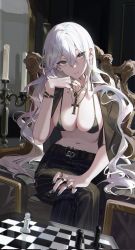 Rule 34 | 1girl, belt, blue eyes, blue nails, board game, bracelet, breasts, buri (retty9349), candle, chair, chess, chess piece, chessboard, cleavage, corrupted twitter file, cross, cross necklace, crossed legs, ear piercing, earrings, hair between eyes, head tilt, highres, jacket, jacket on shoulders, jewelry, large breasts, long hair, nail polish, navel, necklace, original, pants, piercing, pinstripe pattern, ring, sitting, striped, white hair