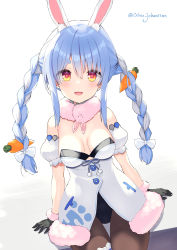 Rule 34 | 1girl, :d, absurdres, animal ear fluff, animal ears, arm support, bare shoulders, black gloves, black leotard, blue hair, bow, braid, breasts, brown pantyhose, carrot hair ornament, commentary request, detached sleeves, don-chan (usada pekora), dress, food-themed hair ornament, fur-trimmed dress, fur-trimmed gloves, fur trim, gloves, hair between eyes, hair bow, hair ornament, highres, hololive, leotard, long hair, looking at viewer, medium breasts, multicolored hair, ochinsama, open mouth, pantyhose, puffy short sleeves, puffy sleeves, rabbit ears, red eyes, short sleeves, sidelocks, simple background, sitting, smile, solo, strapless, strapless dress, strapless leotard, twin braids, twintails, twitter username, two-tone hair, usada pekora, usada pekora (1st costume), very long hair, virtual youtuber, white background, white bow, white dress, white hair