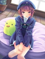 Rule 34 | 10s, 1girl, blunt bangs, blush, brown eyes, brown hair, dress, hat, highres, indoors, kantai collection, lips, long sleeves, looking at viewer, parted lips, plant, potted plant, sailor collar, sailor dress, sailor hat, sitting, smile, solo, stuffed animal, stuffed toy, yumibakama meme, z3 max schultz (kancolle)