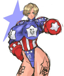 Rule 34 | 1girl, aqua eyes, blonde hair, body writing, bodysuit, boxing gloves, breasts, clothes writing, contrapposto, cowboy shot, earrings, hand on own hip, highleg, highleg leotard, highres, huge breasts, jewelry, leotard, light smile, looking at viewer, nameo (judgemasterkou), original, outstretched arm, pasties, puffy sleeves, short hair, simple background, sketch, skin tight, smile, solo, standing, star (symbol), star earrings, star pasties, star print, striped, thong leotard, turtleneck, united states, vertical stripes, white background