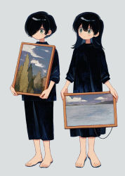 Rule 34 | 1boy, 1girl, absurdres, barefoot, black dress, black hair, blue background, blush, closed mouth, dress, feet, full body, green eyes, grey background, hair over one eye, highres, holding, ka (marukogedago), original, painting (object), shorts, simple background, standing, toes
