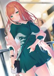 Rule 34 | 1girl, :3, bag, blurry, blurry background, blush, breasts, closed mouth, commentary request, dress, duplicate, dutch angle, green dress, green eyes, handbag, highres, itohana, large breasts, long hair, looking at viewer, off shoulder, orange hair, original, railing, thighs, watch