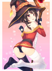 Rule 34 | 10s, 1girl, amami mikihiro, ass, bandaged leg, bandages, bare shoulders, black gloves, black panties, black thighhighs, brown hair, cameltoe, crotch, feet, fingerless gloves, from behind, gloves, gradient background, hat, kneeling, kono subarashii sekai ni shukufuku wo!, looking at viewer, megumin, no shoes, off shoulder, outside border, panties, red eyes, short hair, single thighhigh, soles, solo, staff, thighhighs, underwear, witch hat