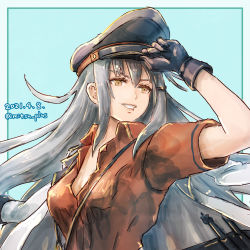 Rule 34 | 1girl, absurdres, black gloves, blue background, facial scar, gangut (kancolle), gloves, grey hair, hat, highres, jacket, jacket on shoulders, kantai collection, long hair, mitsu plus, one-hour drawing challenge, orange eyes, partially unbuttoned, peaked cap, red shirt, scar, scar on cheek, scar on face, shirt, short sleeves, solo, upper body, white jacket