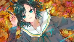 Rule 34 | 1girl, arm up, autumn leaves, black hair, blue eyes, blue hair, blue ribbon, commentary request, dutch angle, grey shirt, highres, holding, holding stylus, huion, leaf, long sleeves, looking at viewer, lying, maple leaf, neck ribbon, on back, open mouth, original, ribbon, sailor collar, school uniform, serafuku, shirt, smile, solo, stylus, tomozero, white sailor collar