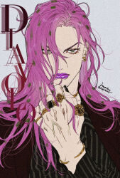 Rule 34 | 1boy, bracelet, brown suit, character name, diavolo, ear piercing, earrings, film grain, formal, gold bracelet, gold earrings, green eyes, hagiko15, hair between eyes, highres, jewelry, jojo no kimyou na bouken, long hair, looking at viewer, male focus, piercing, pink hair, polka dot hair, purple lips, ring, shirt, signature, simple background, solo, striped clothes, striped shirt, suit, twitter username, upper body, veins, veiny hands, vento aureo, white background