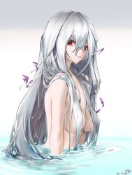 Rule 34 | 1girl, absurdres, arknights, artist name, breasts, commentary request, completely nude, dated, hair between eyes, hhy, highres, long hair, medium breasts, no headwear, nude, parted lips, partially submerged, red eyes, signature, silver hair, skadi (arknights), solo, upper body, water