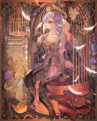 Rule 34 | 1girl, batik, bird, bird on hand, birdcage, cage, dress, feathers, flower, green eyes, hair flower, hair ornament, halo, head wings, highres, honkai: star rail, honkai (series), ichigoh, indonesian commentary, indonesian text, long hair, long sleeves, looking at another, mixed-language commentary, purple hair, robin (honkai: star rail), sitting, solo, veil, very long hair, wings