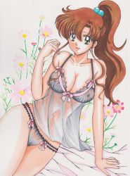 Rule 34 | 1girl, absurdres, arm support, babydoll, bad id, bad pixiv id, bishoujo senshi sailor moon, breasts, brown hair, cameltoe, cleavage, collarbone, covered erect nipples, flower, green eyes, highres, kino makoto, large breasts, lingerie, long hair, looking at viewer, lying, panties, pinup (style), ponytail, rascal (n119), see-through, smile, solo, traditional media, underwear