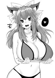 Rule 34 | +++, 1girl, alternate breast size, animal ear fluff, animal ears, bikini, bow, breasts, cleavage, commission, cowboy shot, curvy, facing viewer, fate/extra, fate (series), fox ears, greyscale, hair bow, head tilt, heart, highres, huge breasts, large breasts, looking at viewer, monochrome, norman maggot, sideboob, simple background, smile, solo, spoken heart, standing, swimsuit, tamamo (fate), tamamo no mae (fate/extra), white background