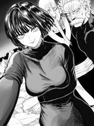 Rule 34 | 1girl, 2boys, absurdres, bang (one-punch man), beard, black dress, blunt bangs, bob cut, bomb (one-punch man), breast hold, breasts, brothers, dress, facial hair, fubuki (one-punch man), greyscale, highres, kazu 884, large breasts, long sleeves, looking at viewer, monochrome, multiple boys, muscular, old, old man, one-punch man, outstretched arm, selfie, short hair, siblings, smile