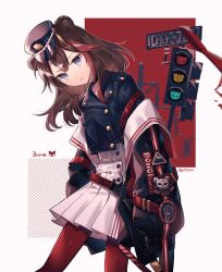 Rule 34 | 1girl, 217sian, absurdres, animal ears, arknights, bad id, bad pixiv id, bear ears, black choker, black hat, black sailor collar, blue eyes, brown hair, brown jacket, cardigan, character name, choker, feet out of frame, fur-trimmed jacket, fur trim, hat, head tilt, highres, jacket, long hair, long sleeves, looking at viewer, multicolored hair, official alternate costume, open clothes, open jacket, pantyhose, peaked cap, red hair, red pantyhose, sailor collar, signature, solo, streaked hair, traffic light, white background, white cardigan, zima (arknights), zima (ready to go) (arknights)
