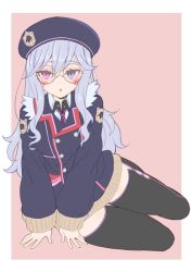 Rule 34 | 1girl, absurdres, bad id, bad twitter id, black thighhighs, blue eyes, blue hair, border, buttons, collared shirt, commission, copyright request, donguri suzume, double-breasted, facial mark, hair between eyes, heterochromia, highres, jacket, long hair, long sleeves, looking at viewer, necktie, parted lips, pink eyes, purple jacket, purple necktie, round eyewear, shirt, sitting, skeb commission, solo, thighhighs, white border, wing collar, yokozuwari