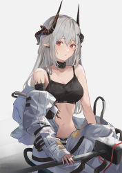 Rule 34 | 1girl, absurdres, arknights, bad id, bad pixiv id, bandaged arm, bandages, black tank top, blush, breasts, coat, cowboy shot, crop top, demon horns, ear piercing, earrings, eyelashes, grey background, hair between eyes, hammer, highres, holding, holding hammer, horns, huge filesize, infection monitor (arknights), jenmin12, jewelry, korean commentary, long hair, looking to the side, material growth, medium breasts, mudrock (arknights), mudrock (elite ii) (arknights), navel, off shoulder, open clothes, open coat, oripathy lesion (arknights), parted lips, piercing, pointy ears, red eyes, silver hair, simple background, sitting, solo, stomach, tank top, white coat