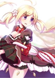 Rule 34 | 1girl, blonde hair, blush, character request, cleavage, flower, flower knight girl, hair flower, hair ornament, looking at viewer, mizunashi (second run), purple eyes, solo, twintails, umbrella