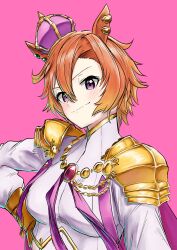 1girl amik0824 animal_ears armor blush breasts closed_mouth crown ear_piercing hair_between_eyes hand_on_own_hip head_tilt highres horse_ears impossible_clothes long_sleeves piercing pink_background pink_eyes shirt shoulder_armor small_breasts smile solo t.m._opera_o_(umamusume) turtleneck umamusume upper_body white_shirt