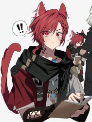 Rule 34 | !, !!, 2boys, animal ears, book, cat ears, cat tail, chu yeon, cloak, fantasy, final fantasy, final fantasy xiv, g&#039;raha tia, highres, hood, hooded cloak, male focus, miqo&#039;te, multiple boys, open book, red eyes, red hair, slit pupils, solo focus, speech bubble, spoken exclamation mark, tail, white background