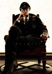 Rule 34 | 00s, 1boy, armband, backlighting, black hat, capcom, chair, devil may cry (series), hat, jacket, male focus, military jacket, nazi, peaked cap, red armband, sitting, solo, swastika, vergil (devil may cry), wolfina, world war ii