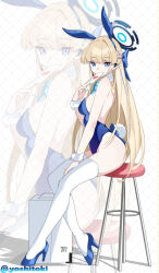 Rule 34 | 1girl, animal ears, artist name, bare shoulders, blonde hair, blue archive, blue bow, blue eyes, blue footwear, blue hairband, blue leotard, bow, bowtie, breasts, card, chair, commentary, covered mouth, detached collar, earpiece, expressionless, fake animal ears, full body, hairband, halo, high heels, highres, holding, holding card, leotard, long hair, medium breasts, microphone, official alternate costume, playboy bunny, rabbit ears, shoes, sitting, solo, thighhighs, toki (blue archive), toki (bunny) (blue archive), twitter username, very long hair, white thighhighs, wrist cuffs, yoshitoki (kisshin)