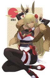 Rule 34 | 1girl, 2023, absurdres, alternate costume, animal ears, armpits, arms up, blonde hair, breasts, bridal gauntlets, cleavage cutout, clothing cutout, crossed legs, dark-skinned female, dark skin, detached sleeves, fake animal ears, fire emblem, fire emblem: the binding blade, flower, fur shawl, hair flower, hair ornament, hairband, highres, igrene (fire emblem), large breasts, leotard, lipstick, long hair, looking at viewer, makeup, nintendo, pantyhose, playboy bunny, rabbit ears, rabbit tail, red footwear, red lips, ritence, shawl, sitting, smile, solo, tail, thigh strap, v