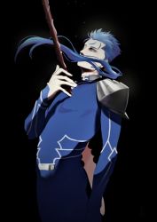 Rule 34 | 1boy, armor, black background, blue hair, bodysuit, cu chulainn (fate), death, earrings, closed eyes, fate/stay night, fate (series), floating hair, gae bolg (fate), highres, jewelry, cu chulainn (fate/stay night), lind (lind on ice), long hair, male focus, pauldrons, ponytail, shoulder armor, simple background, skin tight, solo, spiked hair, spoilers, stab, stabbed heart, suicide, type-moon