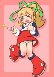 Rule 34 | 1girl, ;d, bad id, bad pixiv id, black shirt, blonde hair, blush stickers, boots, commentary request, dress, flat chest, frilled dress, frills, full body, green eyes, green ribbon, knee boots, knees together feet apart, long hair, long sleeves, looking to the side, mega man (classic), mega man (series), one eye closed, open mouth, panties, pantyshot, pink background, ponytail, red dress, red footwear, ribbon, roll (mega man), sashisaki ryuunoshin, shadow, shirt, sidelocks, smile, solo, standing, standing on one leg, star (symbol), two-tone background, undershirt, underwear, white panties