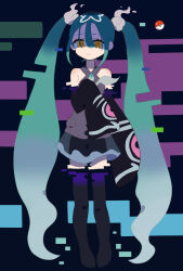 Rule 34 | 1girl, black thighhighs, closed mouth, commentary request, creatures (company), detached sleeves, eyelashes, full body, game freak, ghost miku (project voltage), glitch, green hair, grey shirt, hair between eyes, hatsune miku, highres, long hair, nintendo, poke ball, poke ball (basic), pokemon, project voltage, see-through, see-through skirt, seiran 3132, shirt, skirt, sleeveless, sleeveless shirt, sleeves past fingers, sleeves past wrists, solo, thighhighs, twintails, vocaloid, yellow eyes