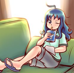 Rule 34 | 1girl, ahoge, blue eyes, blue hair, couch, drink, drinking, drinking straw, heartcatch precure!, indoors, juice box, kurumi erika, long hair, looking at viewer, one eye closed, potpourri (heartcatch precure!), precure, sandals, shirt, shorts, sitting, solo, t-shirt, thaumana
