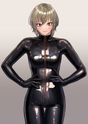 Rule 34 | 1girl, blush, bodysuit, brown eyes, brown hair, closed mouth, gimp suit, gradient background, hands on own hips, highres, kilye kairi, latex, latex bodysuit, looking at viewer, original, shiny clothes, short hair, simple background, skin tight, smile, solo, zipper