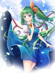 Rule 34 | 1girl, alternate hair length, alternate hairstyle, blue dress, blue eyes, blue sky, blush, bow, bowtie, breasts, chinese commentary, cloud, commentary request, cowboy shot, daiyousei, day, dress, fairy wings, green hair, hair between eyes, hair bow, hand up, large breasts, light particles, long hair, looking at viewer, outdoors, partial commentary, petals, pinafore dress, pointy ears, shirt, side ponytail, sidelocks, sky, sleeveless dress, smile, solo, standing, thighs, touhou, very long hair, white shirt, wings, yellow bow, yellow bowtie, z.o.b