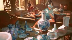 Rule 34 | 2girls, animal ears, animal print, architecture, barefoot, basket, bike shorts, blue eyes, bowl, bowl stack, bread, breasts, commentary, cooking pot, east asian architecture, english commentary, food, grin, hair bun, happy, head tilt, highres, holding, holding bowl, holding paintbrush, indoors, jar, lattice, looking away, mattress, medium breasts, mouth hold, multiple girls, open window, original, outstretched arm, paint, paint splatter, paint splatter on face, paintbrush, painting (action), pixiescout, plate, plate stack, ponytail, pottery, qinghua (porcelain), rabbit ears, rabbit girl, rabbit print, red robe, robe, sash, sidelocks, single hair bun, sitting, sleeves rolled up, smile, sunlight, table, updo, urn, vase, white hair, white robe, window, window shadow, wooden table, working