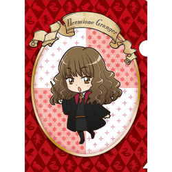 Rule 34 | 1girl, blush, brown eyes, brown hair, chibi, harry potter (series), hermione granger, official art, patterned background, robe, school uniform, solo, wand, wizarding world