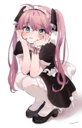 Rule 34 | 1girl, ahoge, apron, black dress, black footwear, black ribbon, blush, collared dress, dress, frilled apron, frills, hair between eyes, hair ribbon, high heels, highres, long hair, looking at viewer, maid, maid headdress, original, parted lips, pink hair, puffy short sleeves, puffy sleeves, ribbon, sha2mo, shadow, shoes, short sleeves, signature, solo, squatting, thighhighs, twintails, very long hair, white apron, white background, white thighhighs, wrist cuffs