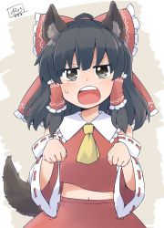 Rule 34 | &gt;:o, 1girl, :o, animal ears, annoyed, artist name, ascot, black hair, bow, brown eyes, commentary request, d:, d:&lt;, dated, detached sleeves, dog ears, dog tail, fang, hair bow, hair tubes, hakurei reimu, highres, jitome, kemonomimi mode, looking at viewer, midriff, navel, paw pose, red shirt, red skirt, ribbon-trimmed sleeves, ribbon trim, shirt, short hair, signature, simple background, skirt, solo, sweatdrop, tail, teeth, touhou, upper body, v-shaped eyebrows, wide sleeves, yutamaro