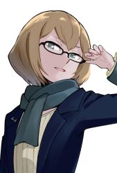 Rule 34 | :d, adjusting eyewear, bespectacled, blue jacket, brown hair, glasses, jacket, niina ryou, open clothes, open jacket, open mouth, princess principal, scarf, short hair, simple background, smile, white background, zelda (princess principal)