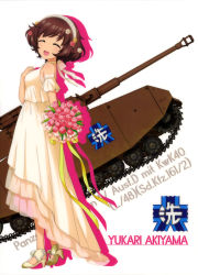 Rule 34 | 1girl, :d, absurdres, akiyama yukari, bouquet, brown hair, character name, choker, closed eyes, detached sleeves, dress, flower, from side, girls und panzer, hairband, high heels, highres, holding, holding bouquet, long dress, military, military vehicle, motor vehicle, open mouth, panzer iv, panzer iv, pink flower, pumps, ribbon, short hair, short sleeves, sleeveless, sleeveless dress, smile, solo, standing, tank, wedding dress, white background, white dress, white footwear, white hairband, white sleeves, yellow ribbon
