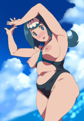 Rule 34 | 1girl, armpits, arms up, blue eyes, blue hair, blue sky, blue theme, breasts, breasts apart, breasts out, bright pupils, clothing cutout, cowboy shot, creatures (company), curvy, day, freckles, game freak, highres, kei (bekei), lana&#039;s mother (pokemon), looking at viewer, medium breasts, mature female, navel, navel cutout, nintendo, nipples, ocean, open mouth, plump, pokemon, pokemon (anime), pokemon sm (anime), sky, solo, stomach, swimsuit, wardrobe error, water, wide hips
