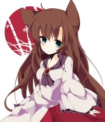 Rule 34 | 1girl, animal ears, bad id, bad pixiv id, bamboo, bamboo forest, brooch, brown hair, dress, forest, full moon, green eyes, imaizumi kagerou, jewelry, layered dress, long hair, long sleeves, looking at viewer, moon, nature, sakaki (utigi), simple background, solo, sweatdrop, touhou, white background, wolf ears