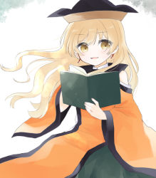 Rule 34 | 1girl, bare shoulders, black hat, book, brown hat, cape, detached sleeves, earrings, eyes visible through hair, green skirt, hair between eyes, hat, highres, jewelry, long hair, long sleeves, looking at viewer, matara okina, open book, open mouth, orange cape, orange sleeves, shirt, simple background, skirt, smile, solo, touhou, umi (nana spring), white background, white shirt, yellow eyes