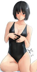 Rule 34 | 1girl, amagami, black hair, black one-piece swimsuit, breasts, brown eyes, cleavage, clothes pull, competition swimsuit, cowboy shot, highres, medium breasts, nanasaki ai, one-piece swimsuit, one-piece swimsuit pull, short hair, signature, simple background, sitting, solo, swimsuit, two-tone swimsuit, white background, yokozuwari, yoo tenchi