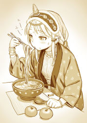 Rule 34 | blush, bowl, bracelet, breasts, chopsticks, cop craft: dragnet mirage reloaded, eating, food, fruit, fur trim, hand up, haori, headdress, holding, holding chopsticks, holding spoon, jacket, japanese clothes, jewelry, long hair, looking at food, mandarin orange, monochrome, murata range, noodles, open clothes, open jacket, pointy ears, print jacket, sepia, shirt, sidelocks, simple background, small breasts, solo, spoon, sweat, table, tilarna exedilika, udon, upper body